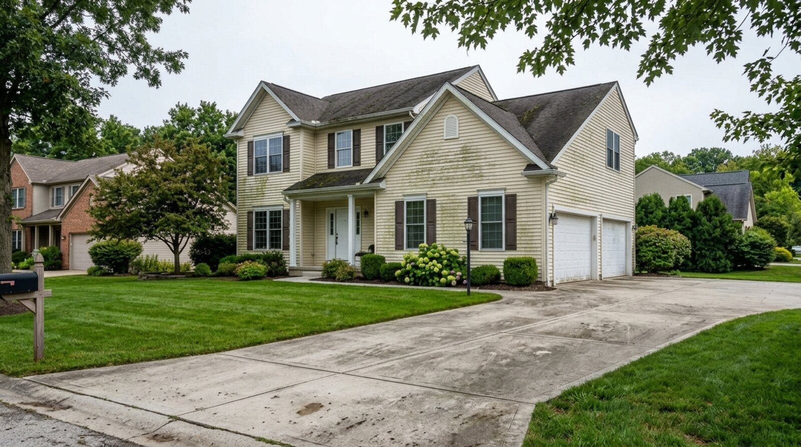Home before pressure washing — dirty, streaked siding